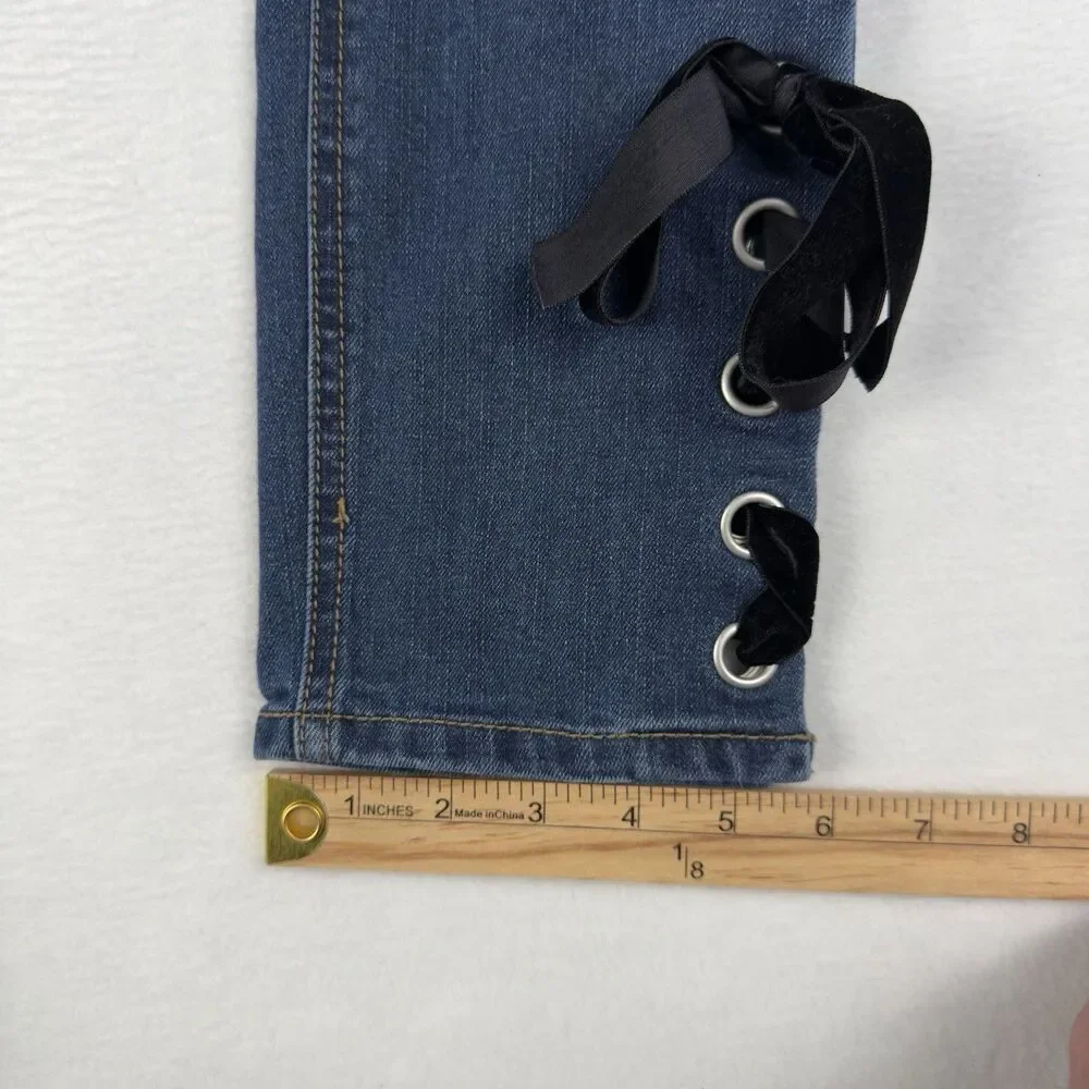 Cato High Rise Jeans Lace up Hem Women's 10 Petite (30x27 Fit) Dark Blue Denim - Picture 15 of 15